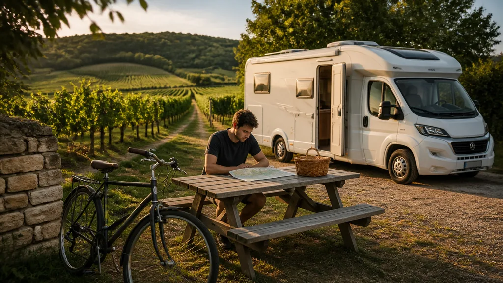 Camping-car sur emplacement avec panneau de services, vignes de Savigny-lès-Beaune