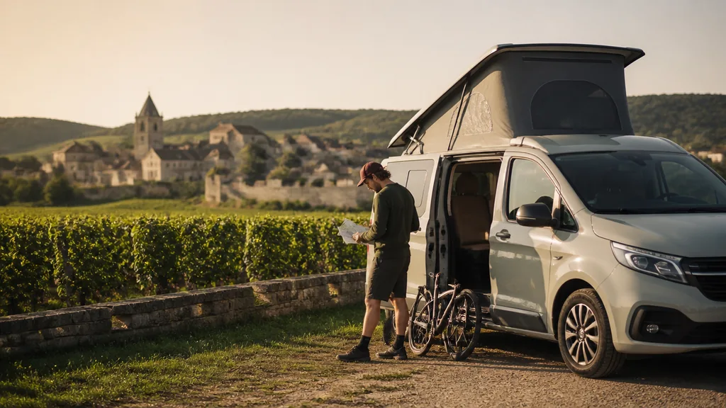 Camping-car stationné sur un emplacement de camping, avec des vignes et un ciel bleu
